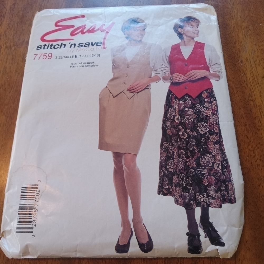 Stitch 'n Save Sewing Pattern 7759 Women's Vest & Skirts Size 12-18